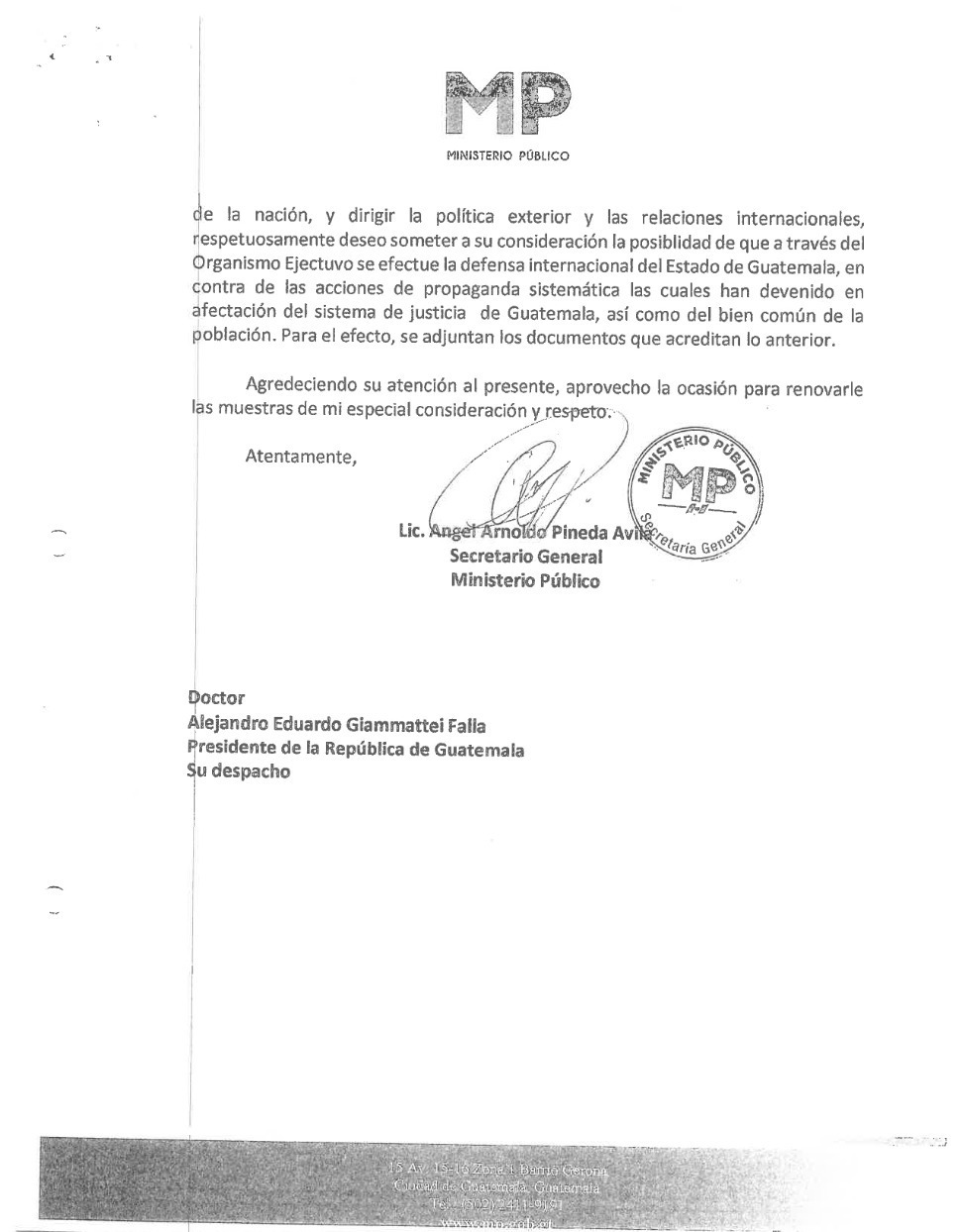 oficio del Ministerio Público enviado a Giammattei para gestionar defensa a nivel internacional