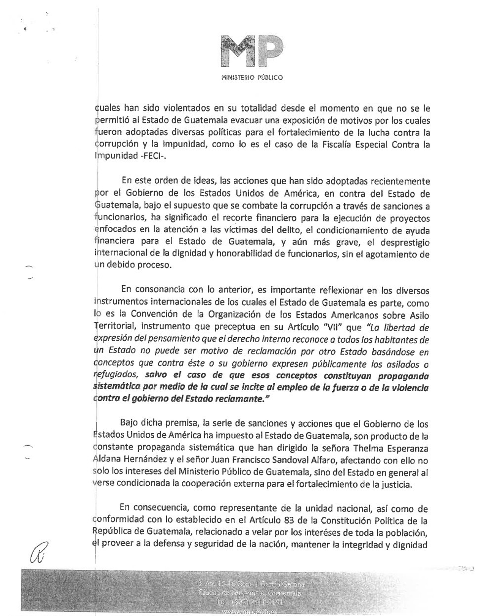 oficio del Ministerio Público enviado a Giammattei para gestionar defensa a nivel internacional