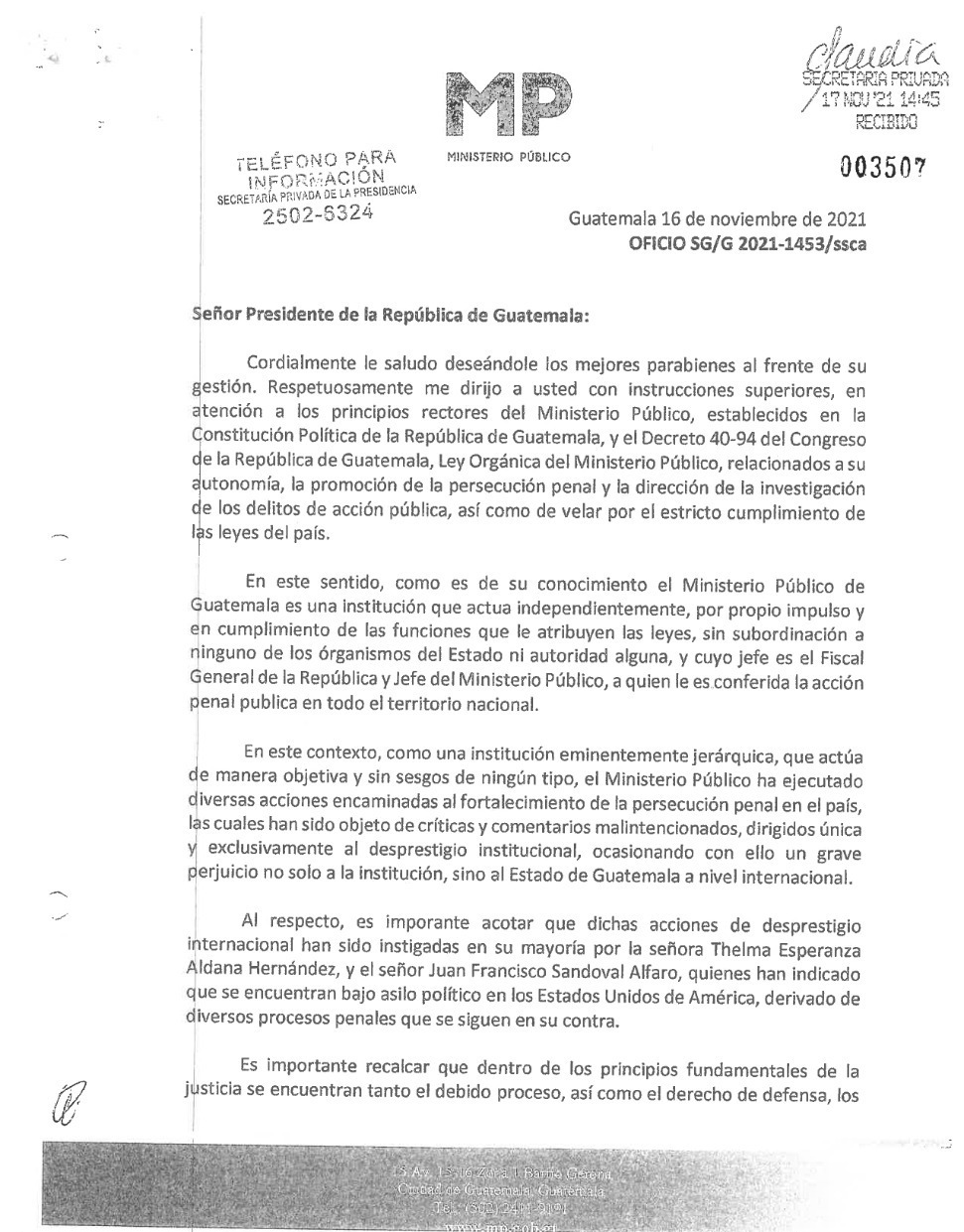 oficio del Ministerio Público enviado a Giammattei para gestionar defensa a nivel internacional